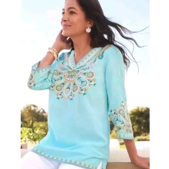 Soft Surroundings 2X Top River Island Floral Embroidered Tunic Bohemian Blue - Picture 1 of 10